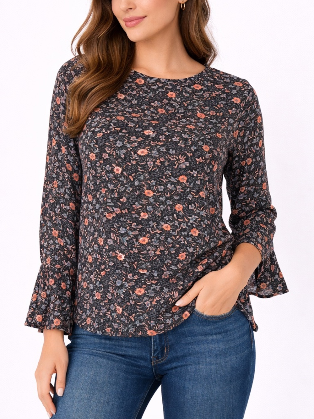 Women's Floral Bell-Sleeve Top in Dark Charcoal with Coral Accents